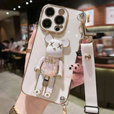 3D Quicksand Bear Holder Bracelet Strap Lanyard Phone Case For iphone