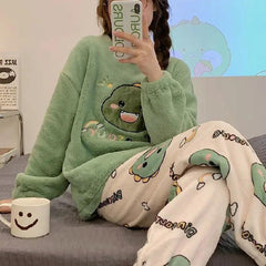 Autumn Winter New Warm Flannel Women Pajamas Set