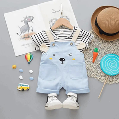 Baby Cute Round Neck Short Sleeve Stripe T-Shirt And Cartoon Pattern Suspender Trousers Set