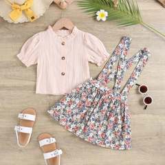 Children Kids Toddlers Fashion Girls Solid Color Short Sleeve Top And Flower Strap Skirt 2pcs Set