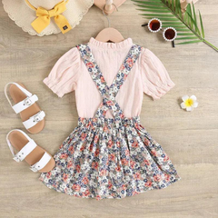 Children Kids Toddlers Fashion Girls Solid Color Short Sleeve Top And Flower Strap Skirt 2pcs Set