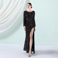 Cocktail Elegant Long Long Sleeve Sequined Atmosphere Fishtail Evening Dress