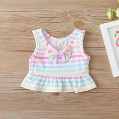 Girls Simple Bowknot Decor Striped Tops And Shorts Swimwear