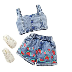 Girls Sleeveless Camisole Top And Watermelon Denim Shorts 2pcs Set