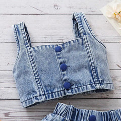 Girls Sleeveless Camisole Top And Watermelon Denim Shorts 2pcs Set