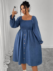 High Waist Pleated Square Collar Button Long Sleeve Dress