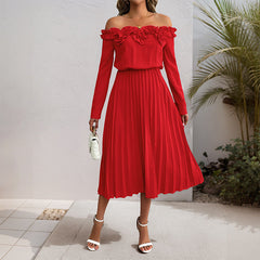 Elegant Sweet off Shoulder Long Sleeve Solid Color Dress