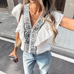 Fashionable French Ruffled V neck Top