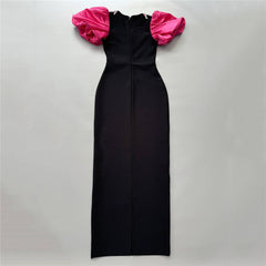 Elegant Rose Red Puff Sleeve Bandage One Piece Dress