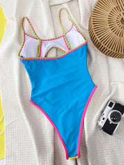 Blue Yellow Contrast Color Hollow Out One Piece Swimsuit