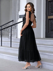 Fashionable Lace up Shoulder Pleated Hem Mesh Dress