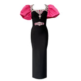 Elegant Rose Red Puff Sleeve Bandage One Piece Dress