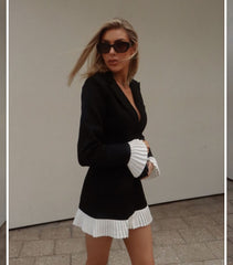 Black White Contrast Color Pleated Ruffled Short Dress