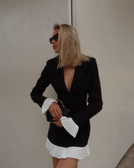 Black White Contrast Color Pleated Ruffled Short Dress