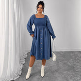 High Waist Pleated Square Collar Button Long Sleeve Dress
