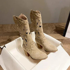Autumn Chunky Heels Knee High Cowboy Boots