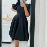 Elegant O Neck Short Sleeve High Waisted Pleated Dress