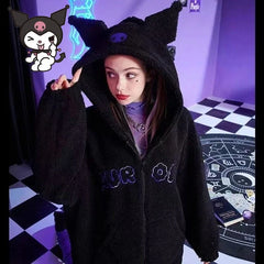 Anime Kuromi Women Black Embroidery Hoodies