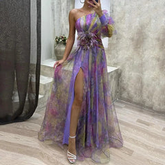 Elegant One Shoulder Tie-dye Ball Gown Evening Dress