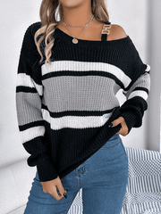 Casual Lantern Sleeve Metal Button Off Shoulder Pullover Sweater