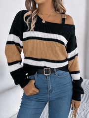Casual Lantern Sleeve Metal Button Off Shoulder Pullover Sweater