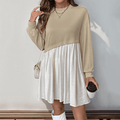 Casual long-sleeved round neck contrast color shirt dress