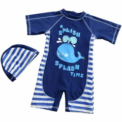 2 Pcs Boys Cute Whale Printed Short Sleeves One-Piece Swimwear And Cap