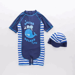 2 Pcs Boys Cute Whale Printed Short Sleeves One-Piece Swimwear And Cap
