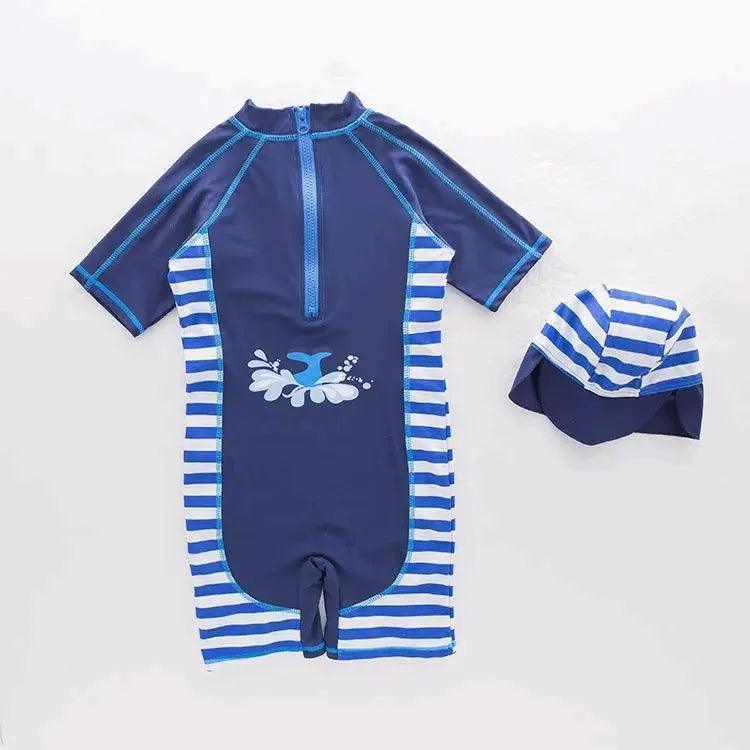 2 Pcs Boys Cute Whale Printed Short Sleeves One-Piece Swimwear And Cap