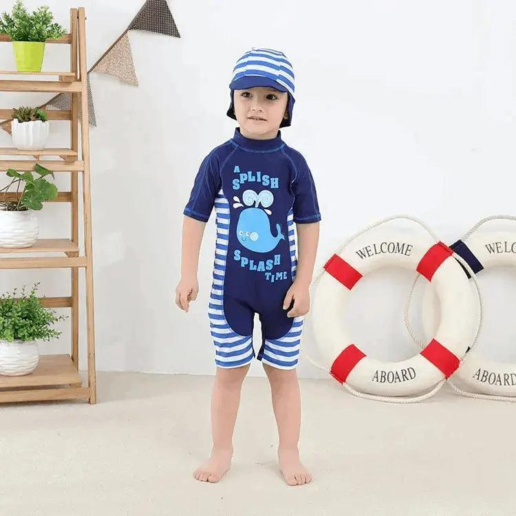 2 Pcs Boys Cute Whale Printed Short Sleeves One-Piece Swimwear And Cap