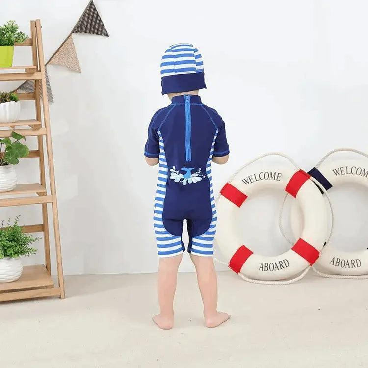 2 Pcs Boys Cute Whale Printed Short Sleeves One-Piece Swimwear And Cap
