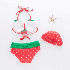 3 Pcs Girl Strawberry Pattern Halterneck Swimsuit And Bathing Cap