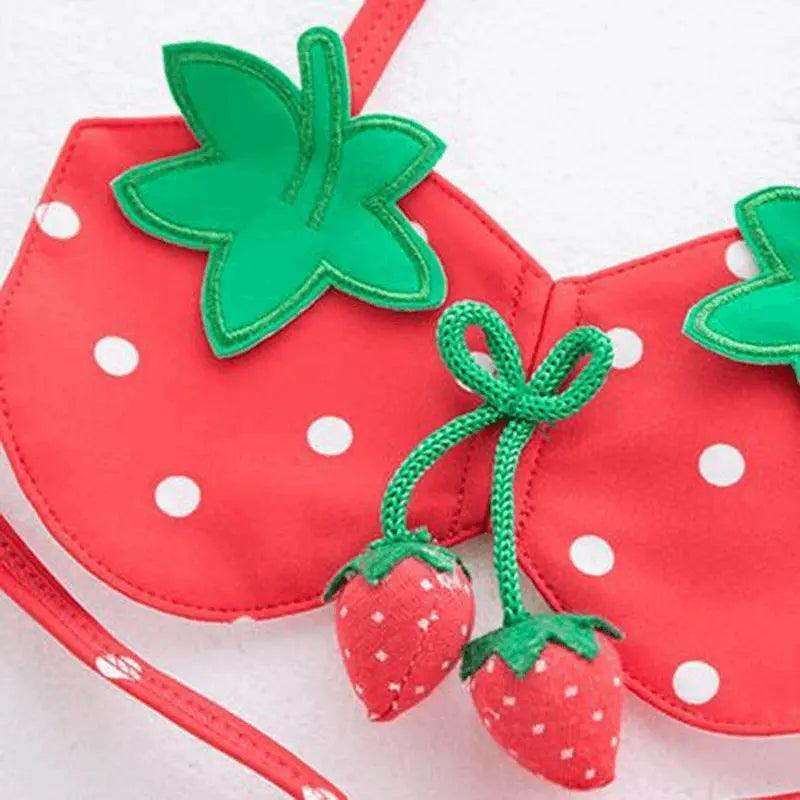3 Pcs Girl Strawberry Pattern Halterneck Swimsuit And Bathing Cap