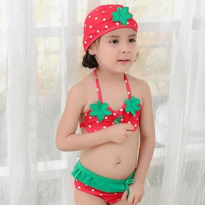 3 Pcs Girl Strawberry Pattern Halterneck Swimsuit And Bathing Cap