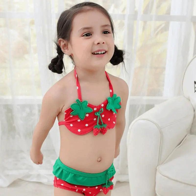 3 Pcs Girl Strawberry Pattern Halterneck Swimsuit And Bathing Cap