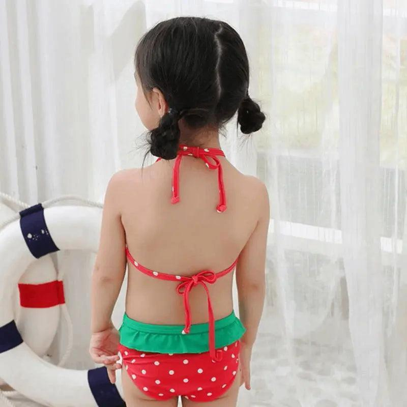 3 Pcs Girl Strawberry Pattern Halterneck Swimsuit And Bathing Cap