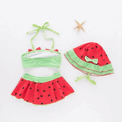 3 Pcs Girl Watermelon Pattern Swimsuit And Bathing Cap