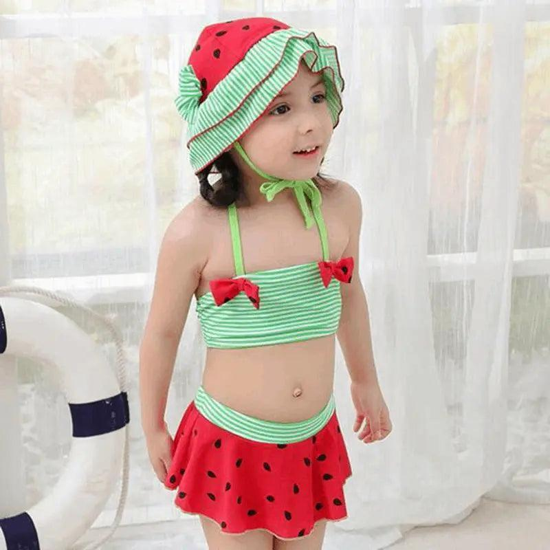 3 Pcs Girl Watermelon Pattern Swimsuit And Bathing Cap