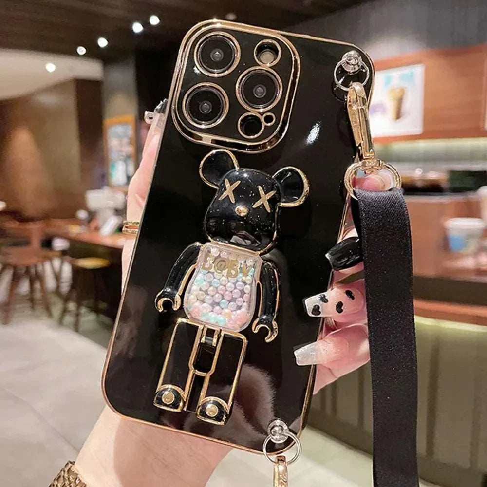 3D Quicksand Bear Holder Bracelet Strap Lanyard Phone Case For iphone