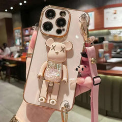 3D Quicksand Bear Holder Bracelet Strap Lanyard Phone Case For iphone