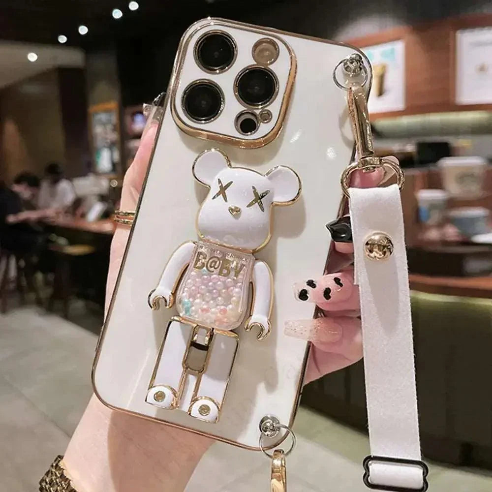 3D Quicksand Bear Holder Bracelet Strap Lanyard Phone Case For iphone
