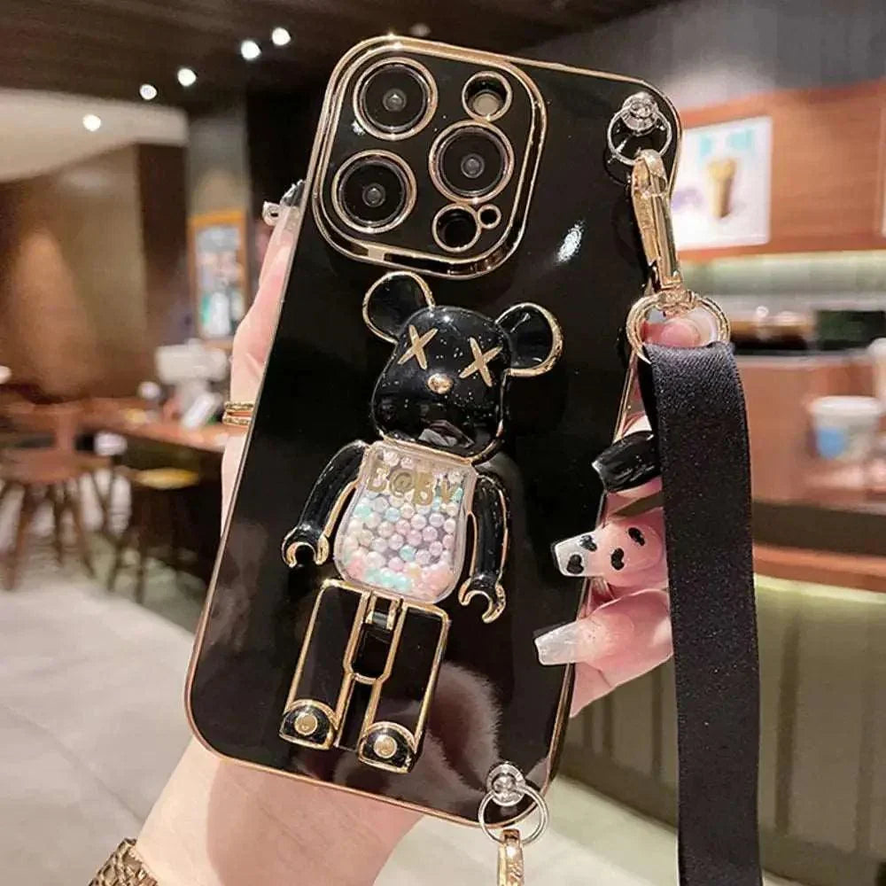 3D Quicksand Bear Holder Bracelet Strap Lanyard Phone Case For iphone