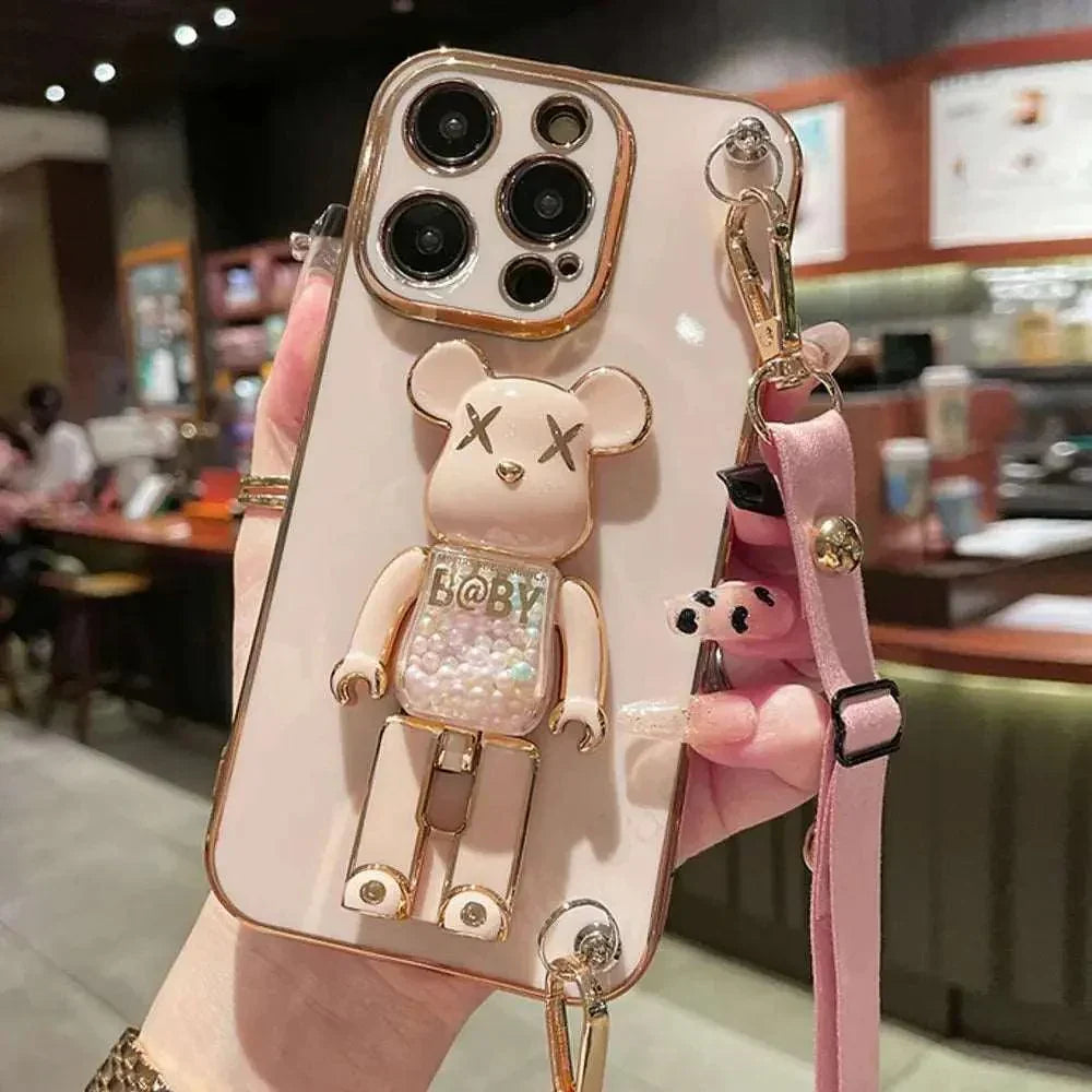 3D Quicksand Bear Holder Bracelet Strap Lanyard Phone Case For iphone