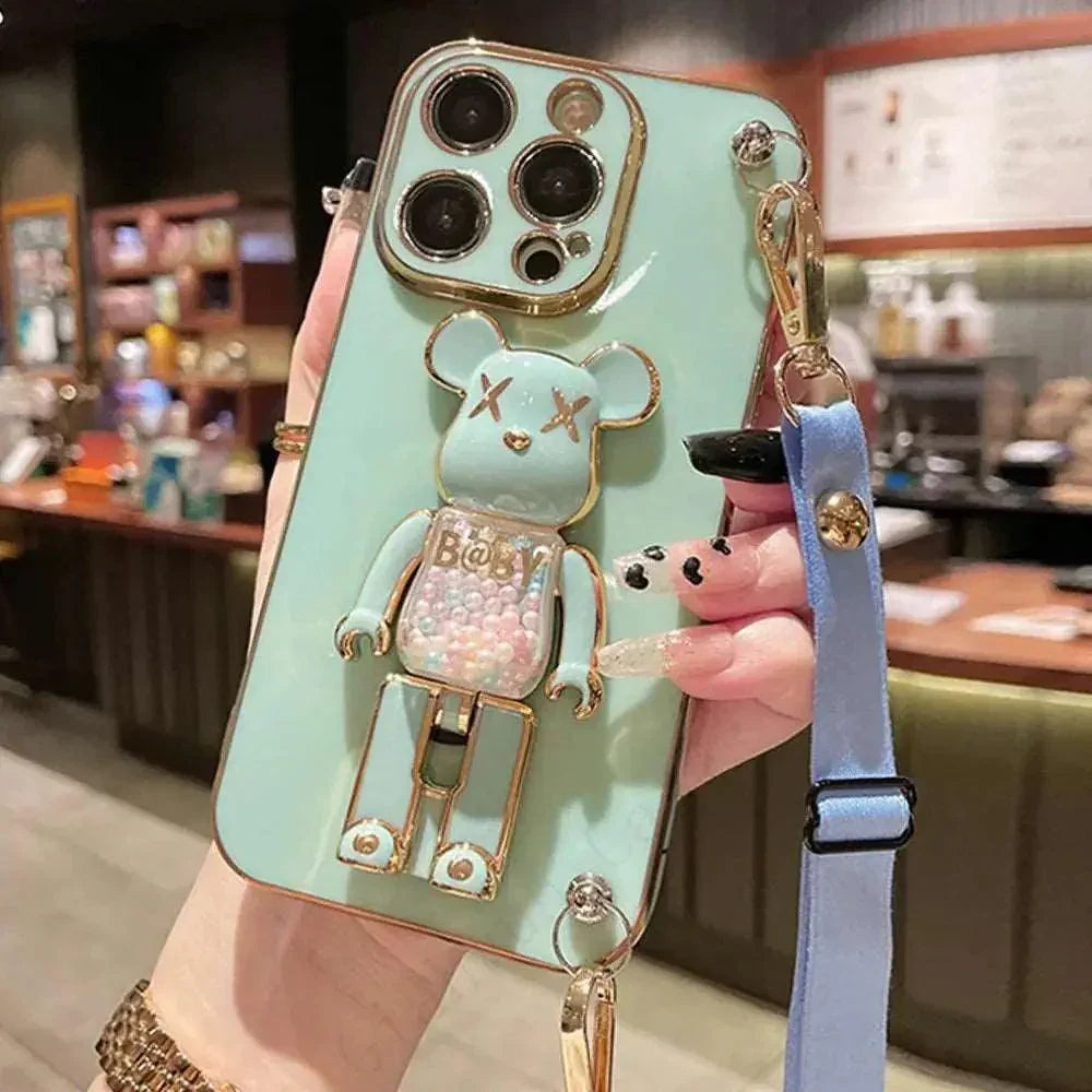 3D Quicksand Bear Holder Bracelet Strap Lanyard Phone Case For iphone