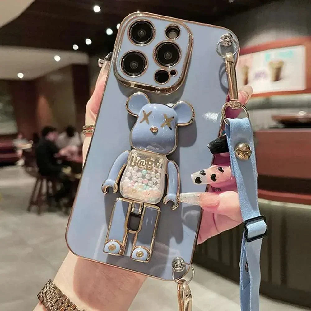 3D Quicksand Bear Holder Bracelet Strap Lanyard Phone Case For iphone