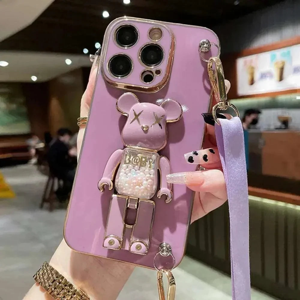 3D Quicksand Bear Holder Bracelet Strap Lanyard Phone Case For iphone