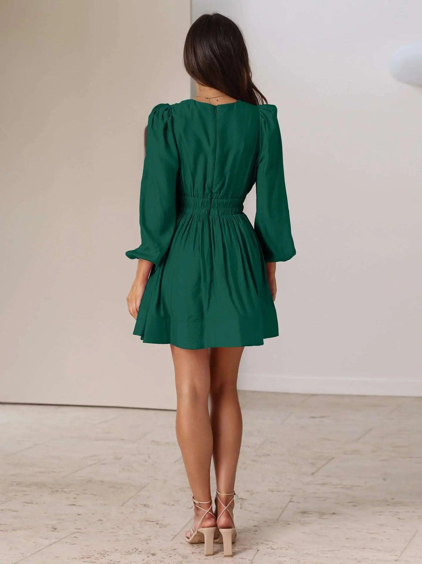 Autumn Winter Dress Women Clothing V neck Mid Length Dress Pleated Ruffled French Dress Dress