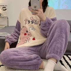 Autumn Winter New Warm Flannel Women Pajamas Set
