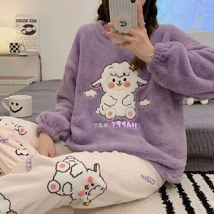Autumn Winter New Warm Flannel Women Pajamas Set