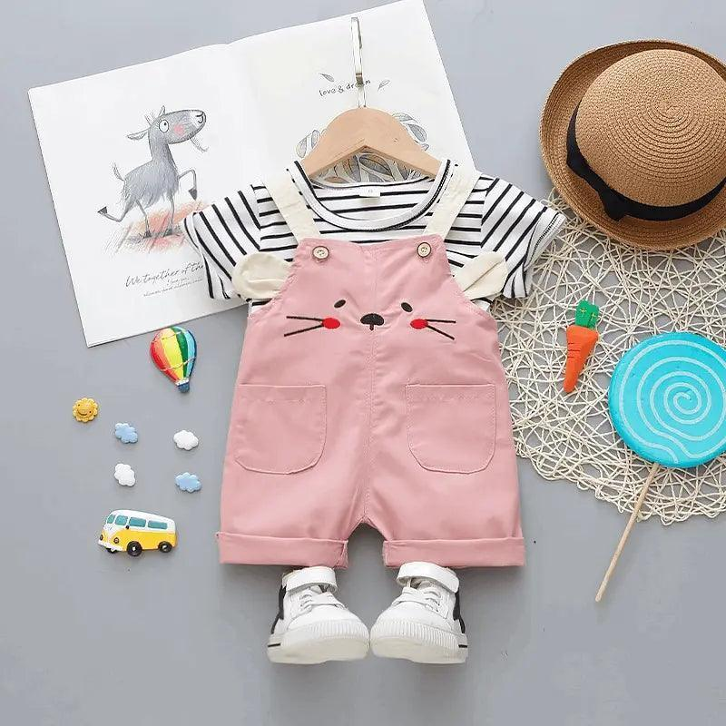 Baby Cute Round Neck Short Sleeve Stripe T-Shirt And Cartoon Pattern Suspender Trousers Set